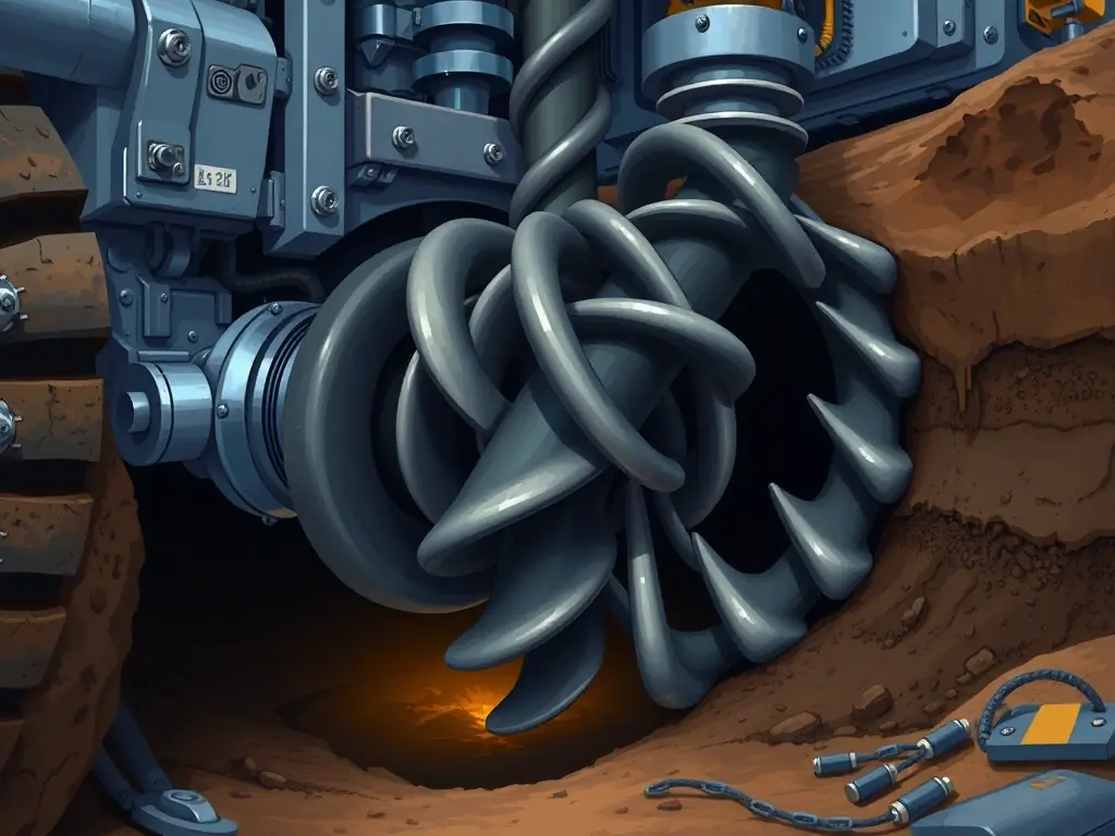 A close-up of auger boring equipment in operation beneath the ground surface, illustrating Auger & Pilot Tube Boring services.