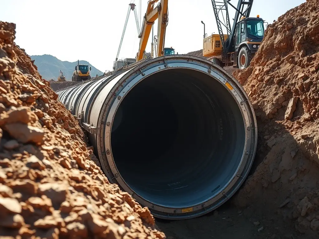 A high-resolution image depicting a pipe jacking operation in progress, showcasing the insertion of a large concrete pipe into the earth. The image should convey precision and power.