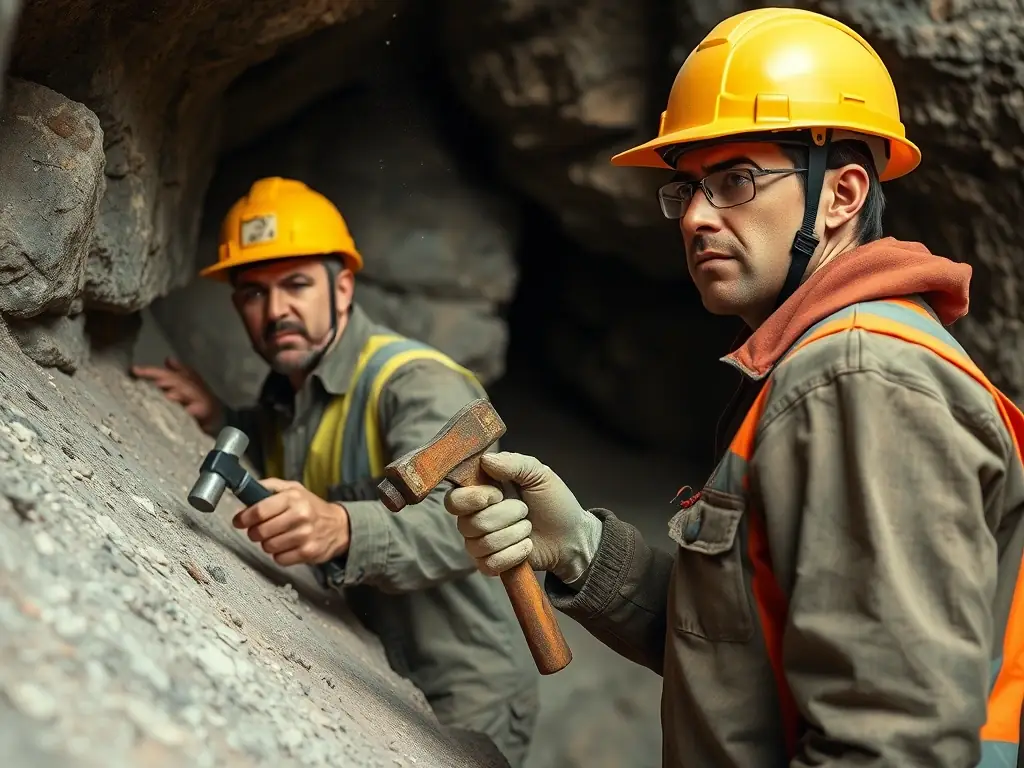Workers operating hand mining tools in a rocky underground environment, demonstrating Hand Mining & Rock Boring services.