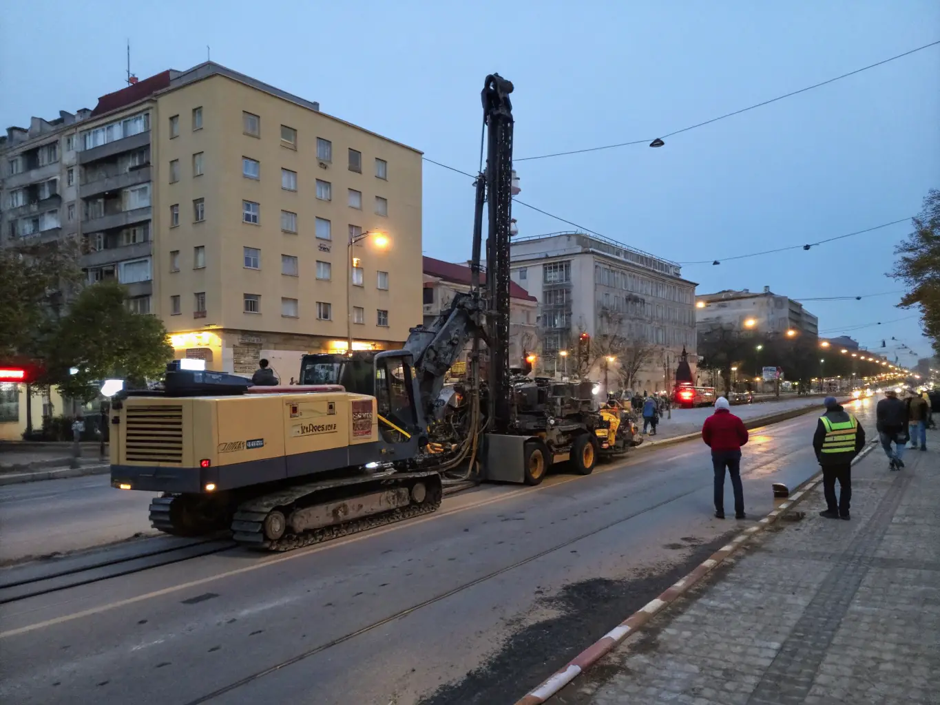 An image showing auger boring equipment in action, highlighting the process of creating horizontal bores for utility installation. The setting should be a suburban or urban environment.