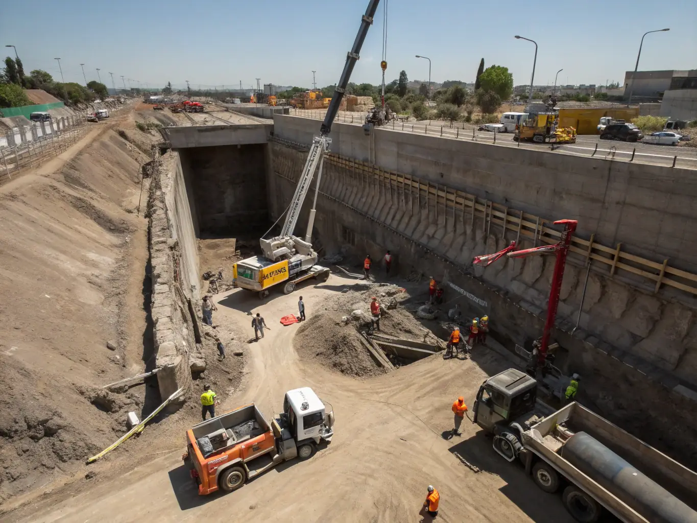 An image of a large tunnel being constructed underground with heavy machinery and workers in safety gear, showcasing Pipe Jacking & Tunneling services.