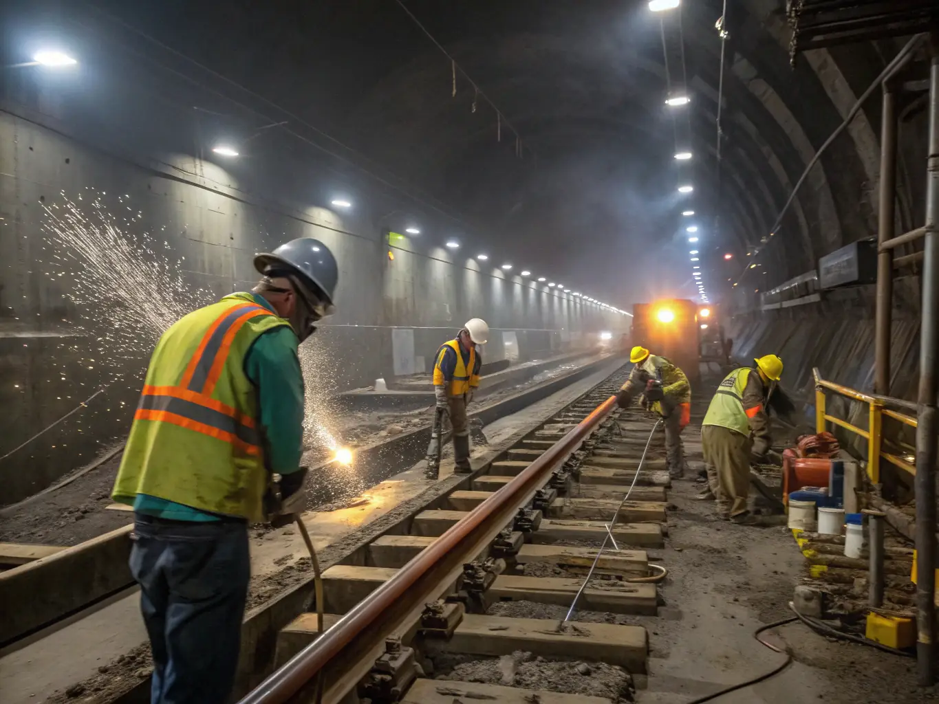 A photograph of workers carefully performing hand mining in a tunnel, emphasizing safety and precision. The image should highlight the challenging conditions and the expertise required.