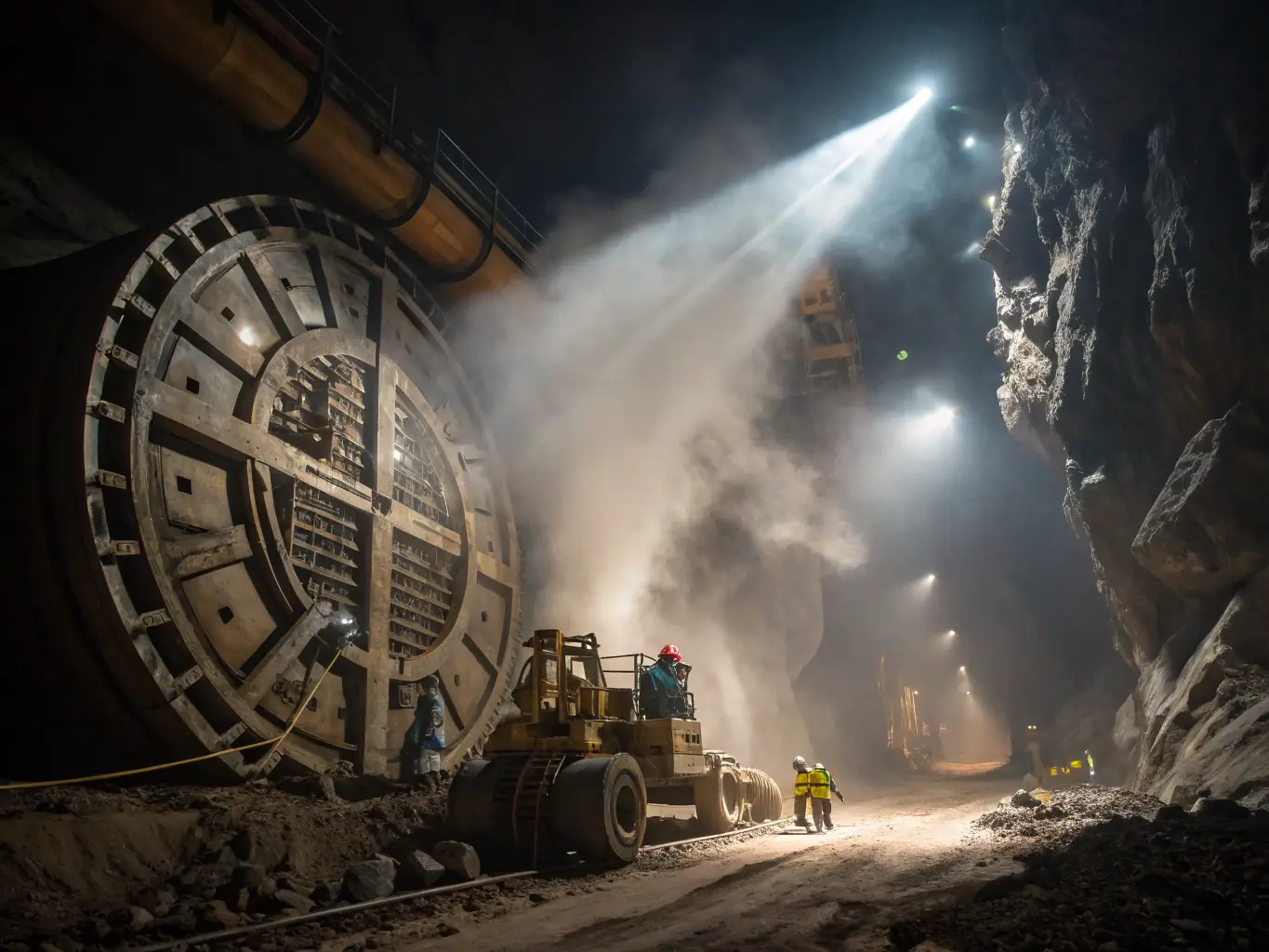 A detailed image showcasing the pipe jacking process, with heavy machinery pushing a large concrete pipe through the earth. The image should convey precision and power.