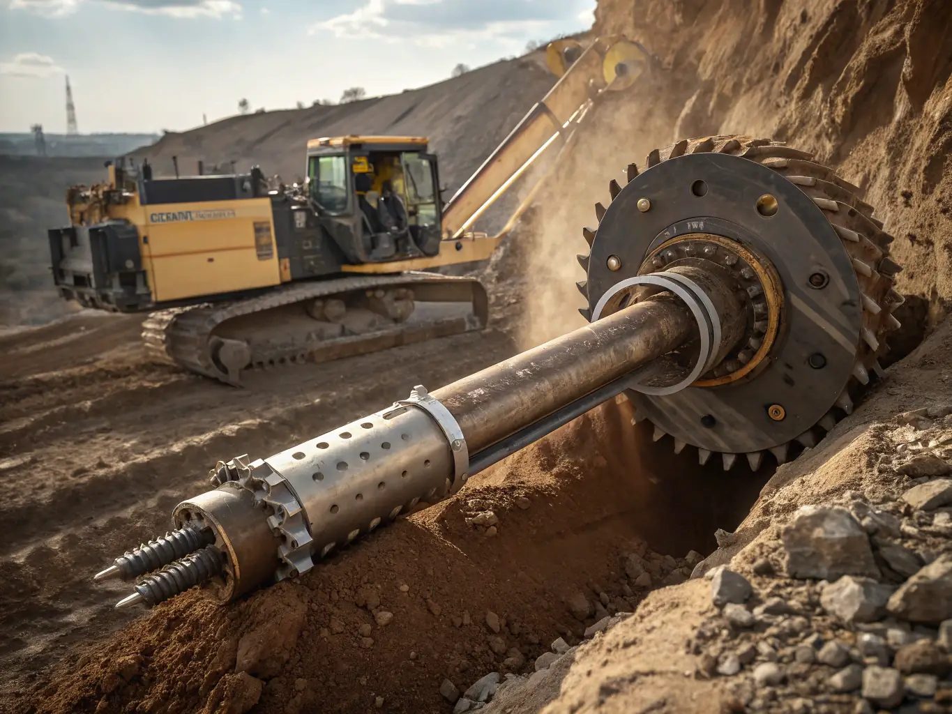 An image depicting the auger boring process, showing the machinery and the resulting bore in the earth. The image should highlight the precision and efficiency of the method.